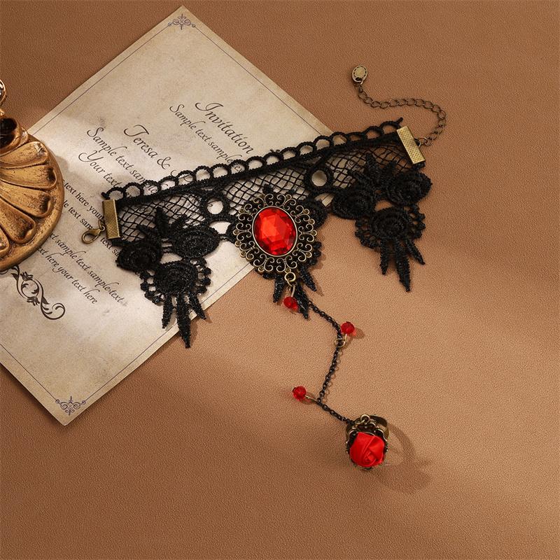 Black Lace Red Rose Finger Bracelet With Ring Harness Slave Link With Ring Bracelet Accessories Party For Women