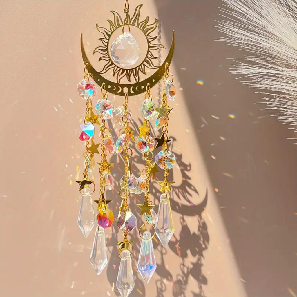 1 tk Gold Star Moon välisvalgustus kristallist tuulekella rippuv aed päikesepüüdja pühade pulmapeo kaunistustarbed