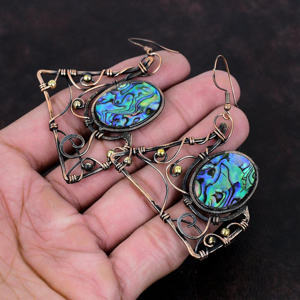 Abalone Shell Earring Copper Wire Wrapped Earrings Abalone Shell Jewelry Handmade Earring Gift For Her Gemstone Earring Copper Wire Jewelry