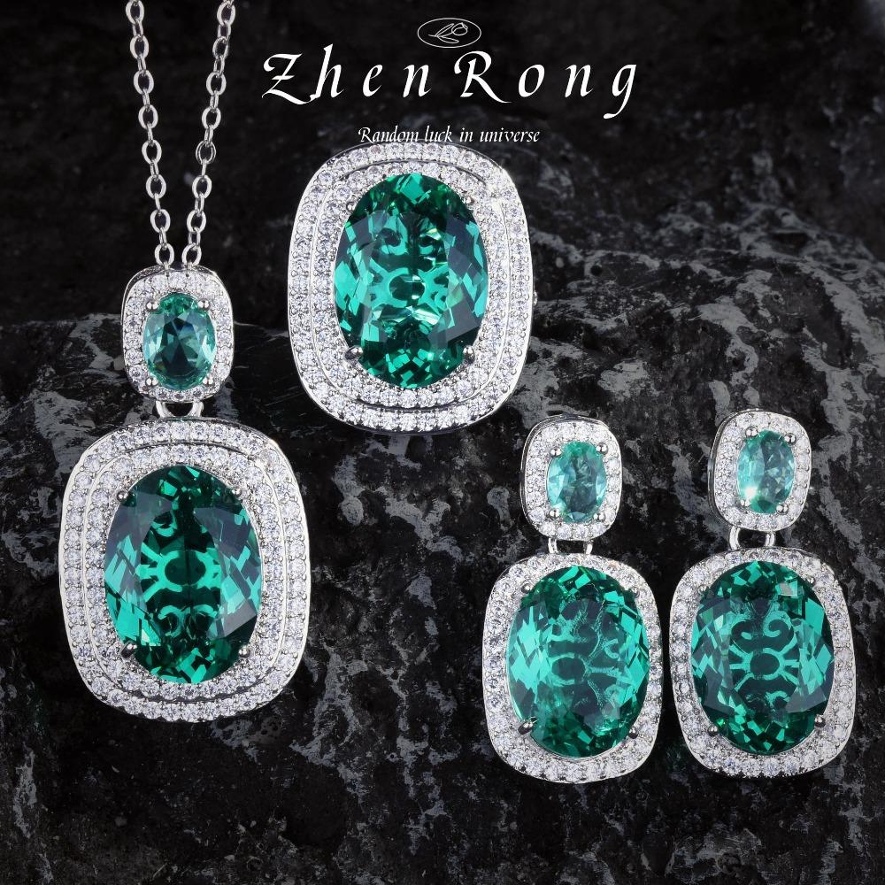Women Jewelry Set Fashion Luxury Emerald Imitation Earrings Necklace Ring Carbon Diamond Pendant