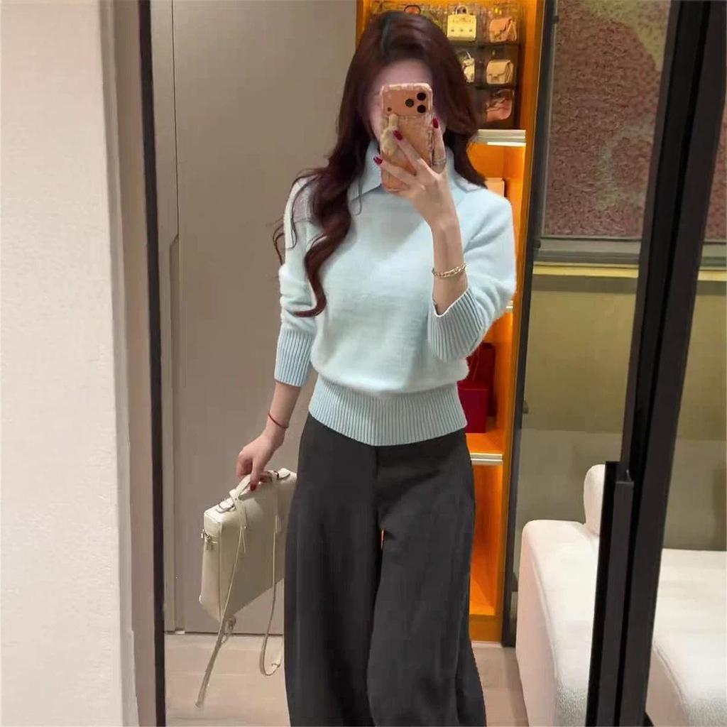 Women's Faux Mink Fur Knit Sweater: Soft, Fluffy Long Sleeve Lapel Pullover with Waist-cinching, Perfect for Autumn and Winter Commutes.