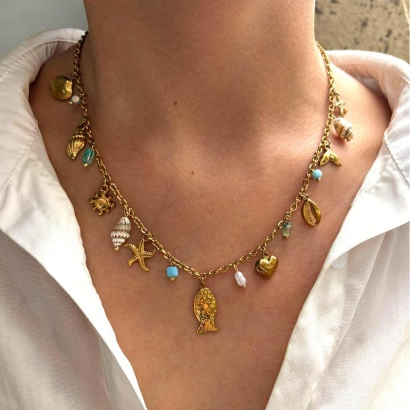 Stylish Marine Inspired Necklace Feature Natural Shell Starfish Fish Charm Adjustable Chain For Everyday Wear