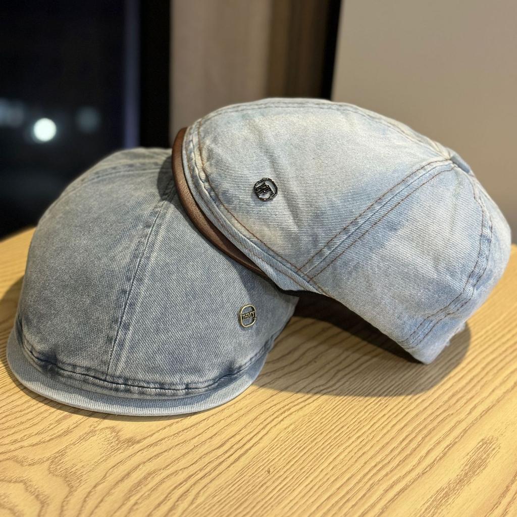 New Japanese-style Vintage Washed Distressed Denim Beret for Women with Large Head Circumference, Face-slimming Artist Hat, Trendy