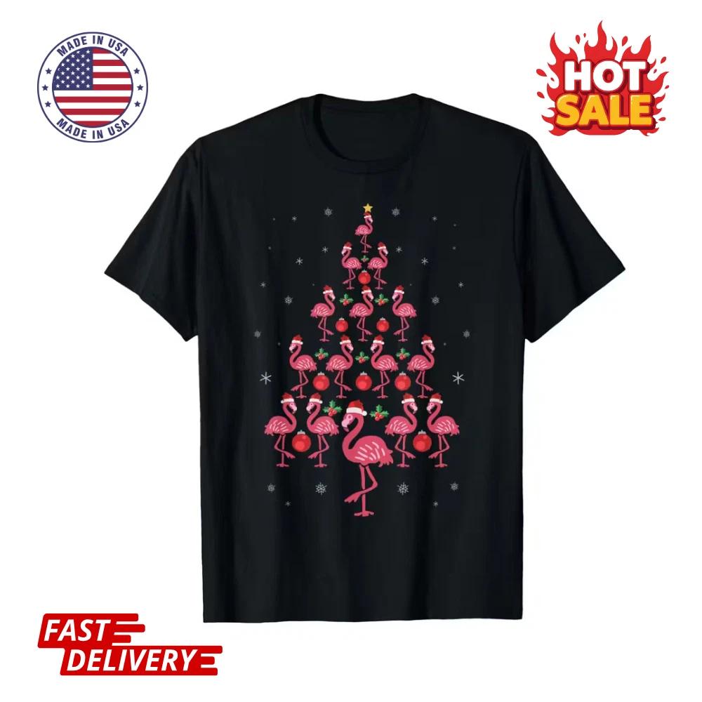 SALE Funny Christmas Pink Flamingo Tree Holiday Gift Bird Lover Inspired T shirt L