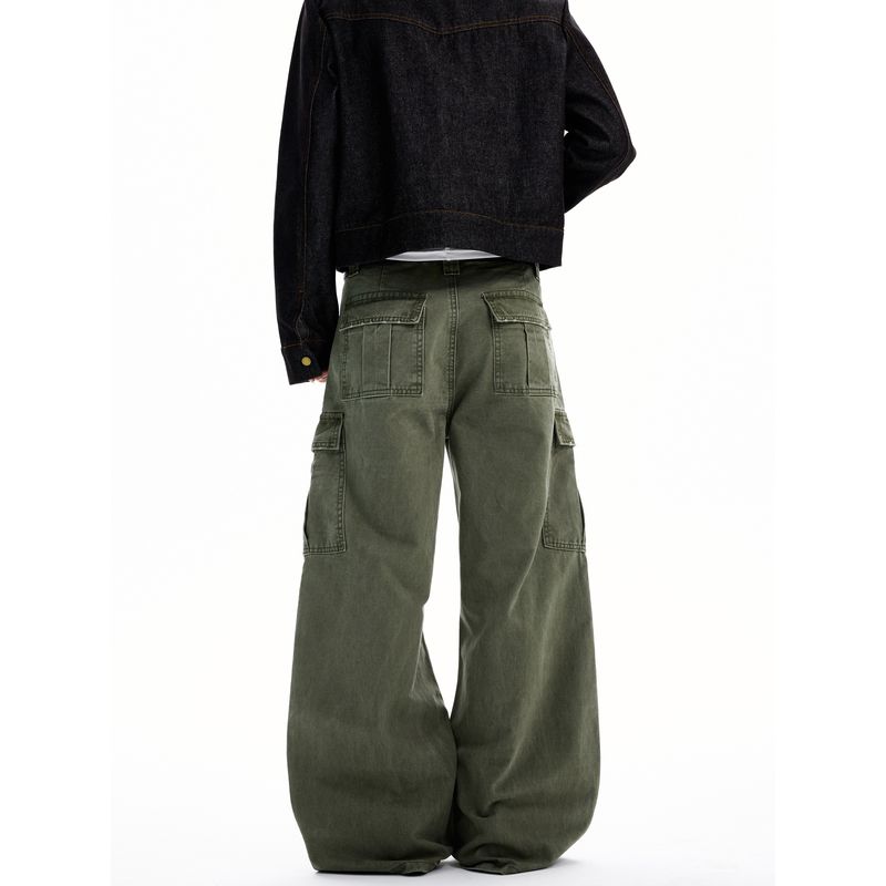 Kisko American Retro Washed Deconstructed Design Cargo Pants Unisex Trendy Loose Straight Casual Scimitar Pants