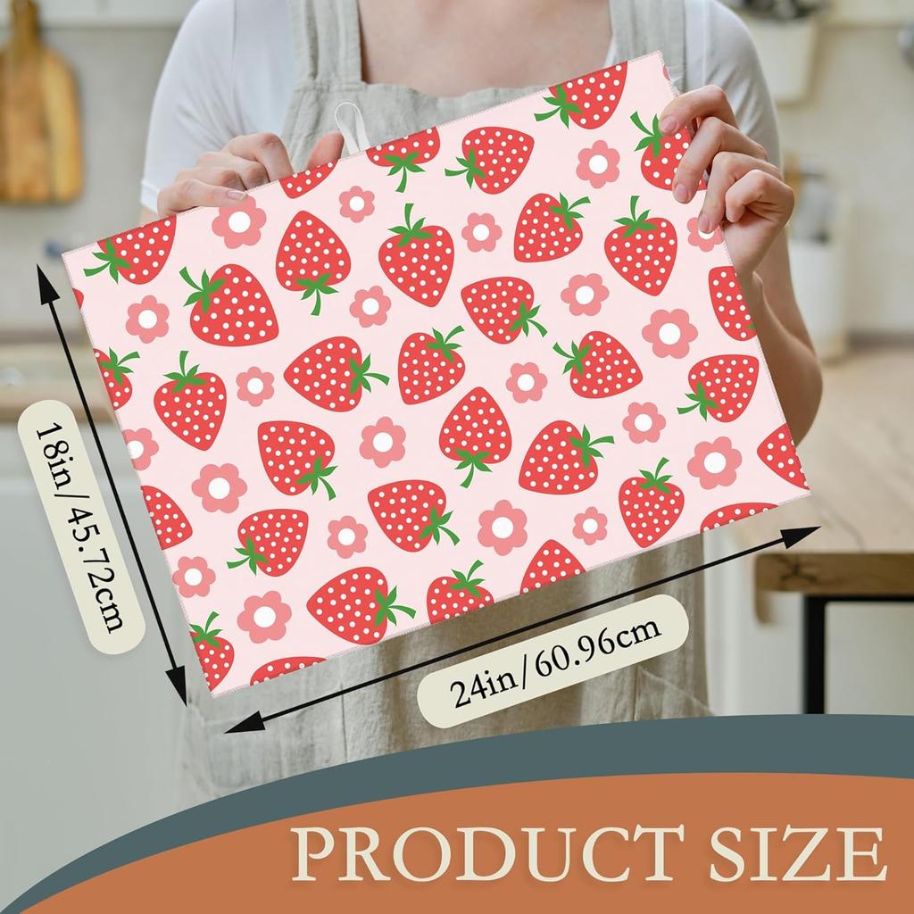 Pink Strawberry Dish Drying Rack Mat for Kitchen Counter,Cute Flowers Dish Drying Pad Absorbent Reversible Microfiber Protector for Coffee Bar Sink