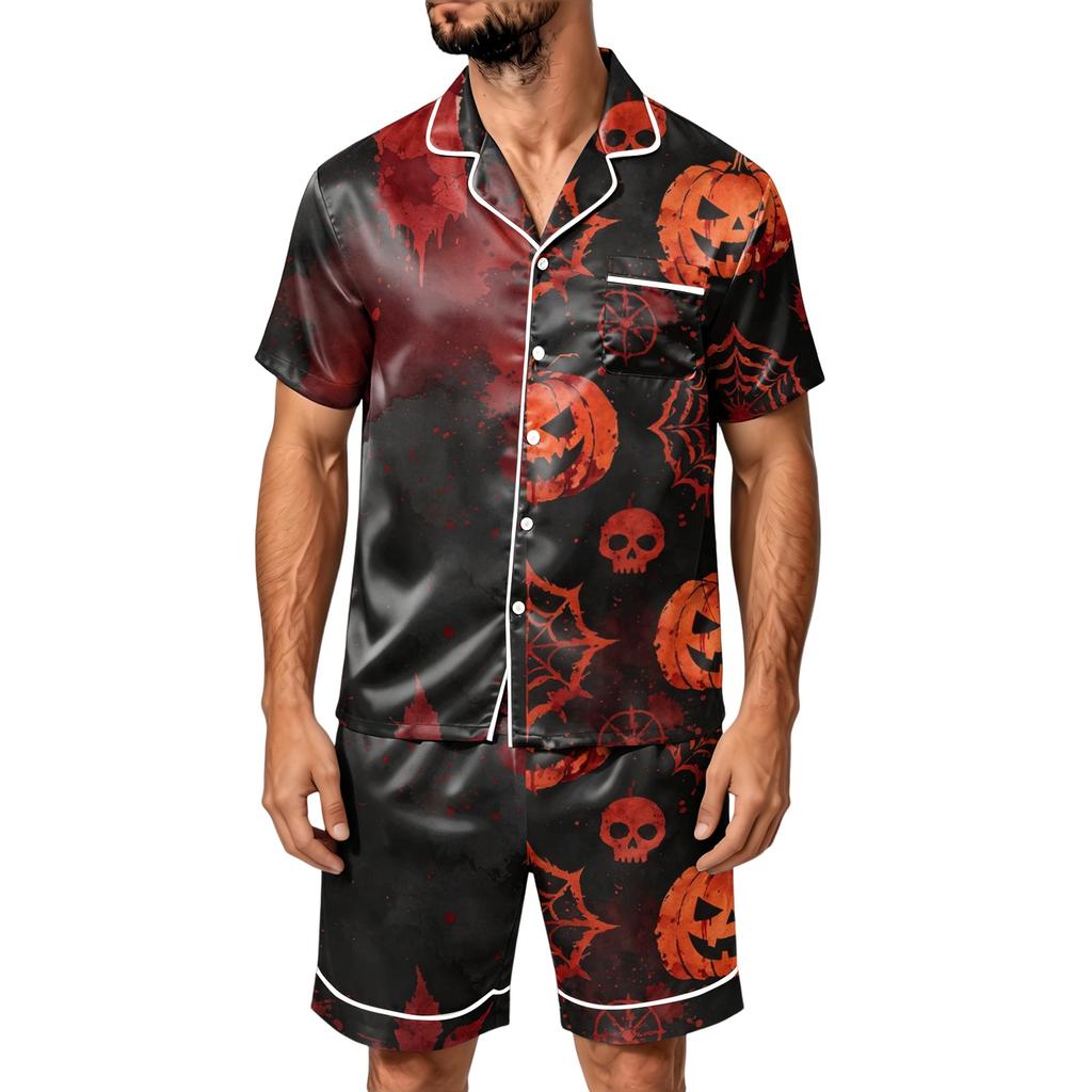 Men's Halloween Pajama Set Short Sleeve Striped Plaid Print Satin Two Piece with Pockets Loose Fit Sleepwear