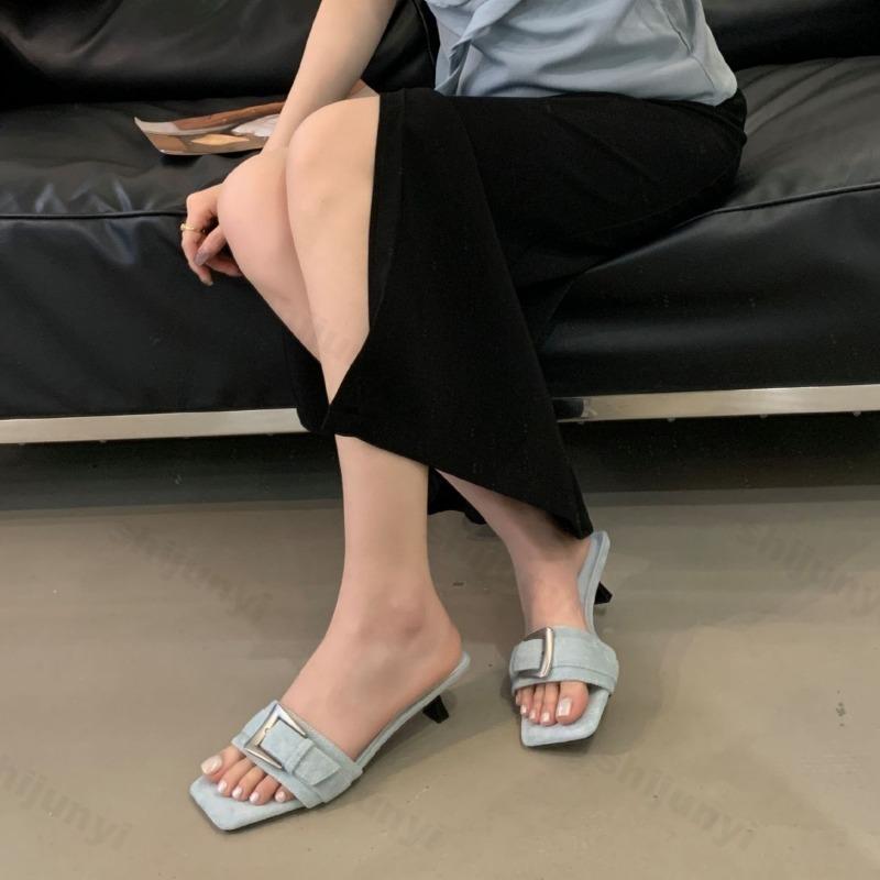Fashion Belt Buckle Designed Open Toes Square Head Fashion Slipper for Women 2025 Summer Elegant Outdoor Comfortable High-heeled Sandals
