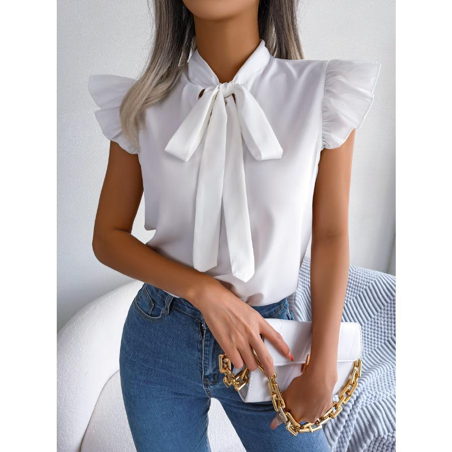 2026 Spring Summer Elegant Lace Up Butterfly Bow Tie Blouse Women Office Ruffles Hem Shirts S белый
