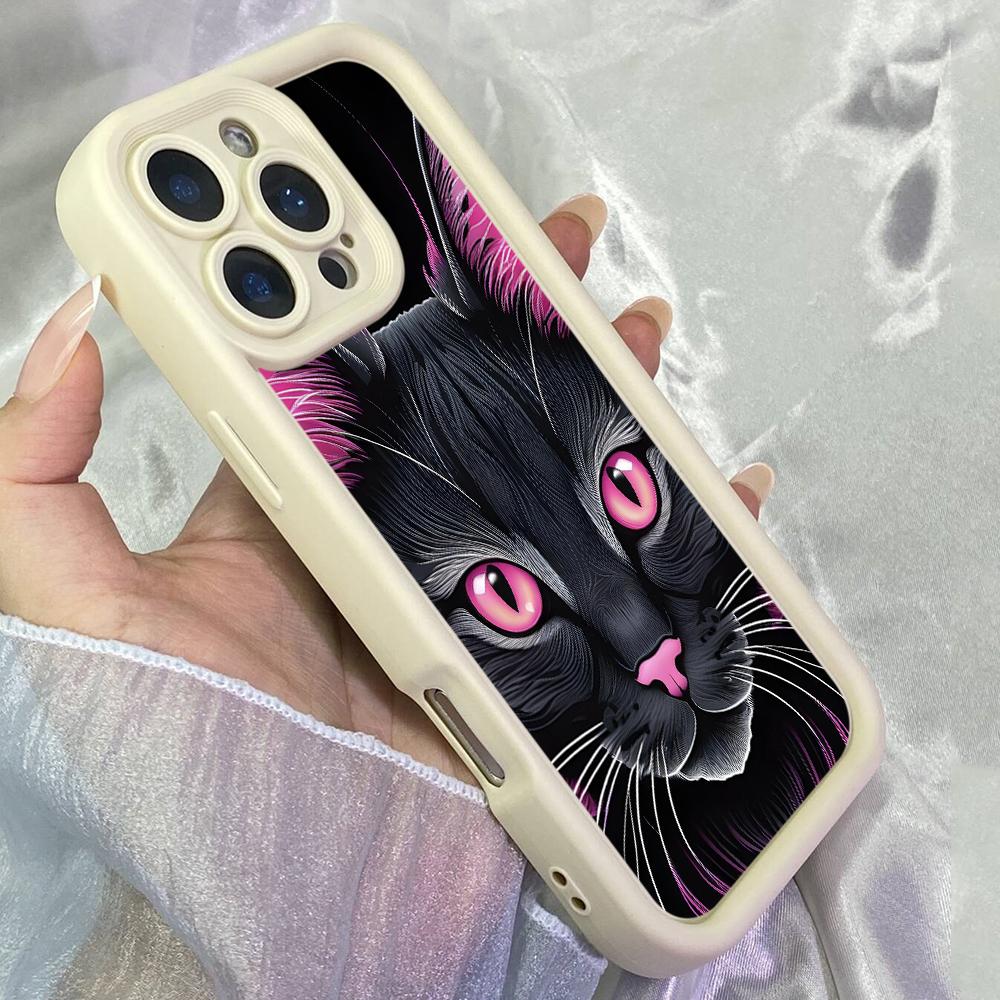 JT73 Black Cat Pink Eyes Phone for iPhone 17 16 15 Pro Max Samsung S26 S25 Ultra A17 A16 A07 A56 Xiaomi 15T Redmi Note 14 Pro Plus Soft TPU Case Cover