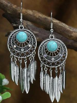 Orecchini Etnici Dreamcatcher Foglia Frangia Turchese Orecchini Frangia Piuma