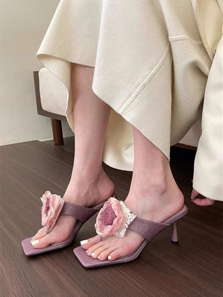 Tofflor För Kvinnor Damer Höga klackar Sommar Flipflops Öppen tå Blommor Bohemisk S För Kvinnor Sandaler Lädersandaler Kvinna Ny