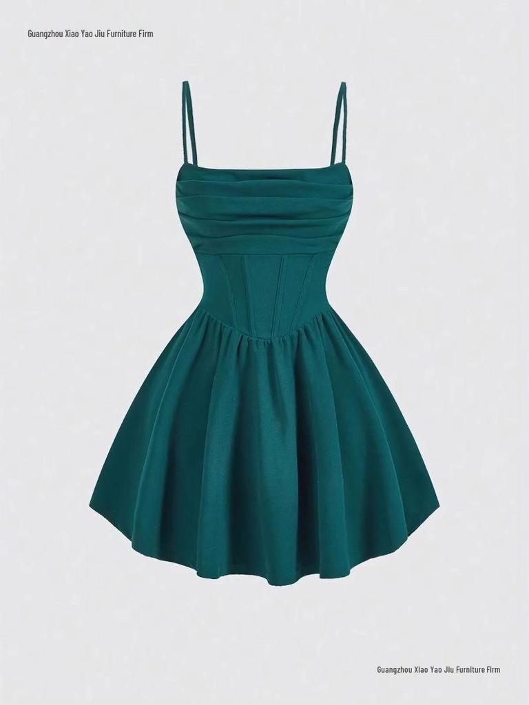 New Summer Fashion Evening Gown: Sexy Solid Color Pleated Dress with Back Zipper & Spaghetti Straps
