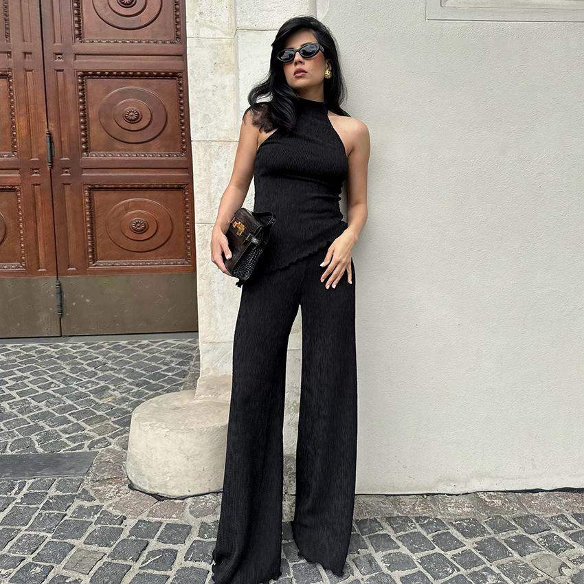 

Ladies French Fashion Green Pleated Set Spring/Summer Foreign Trade Hanging Neck Top Wide Leg Pants Two Piece Commuter Set L чорний