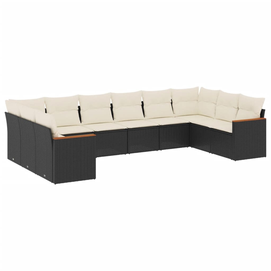 10 piece Garden Sofa Set with Cushions Black Poly Rattan