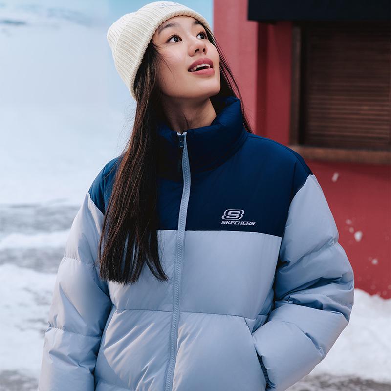 Skechers Modische Farbblock-Logo-Web-Winddichte Warme Kurze Daunenjacke Unisex Oberbekleidung Kosmisch-Himmel-Lila L423U106-027F