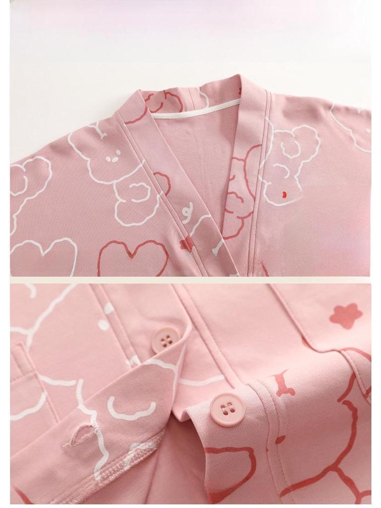 Girls' Cotton Kimono Pajama Set - Long-Sleeve Cardigan & Trousers with Cute Cartoon Design for Spring and Autumn