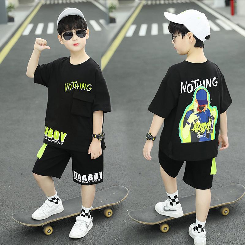 Fashion SummerTeenage Boy Clothes Boys for 3-12Year Korean Casual T-Shirt Shorts 2Pcs Sets Funny Cartoon Sports Suit