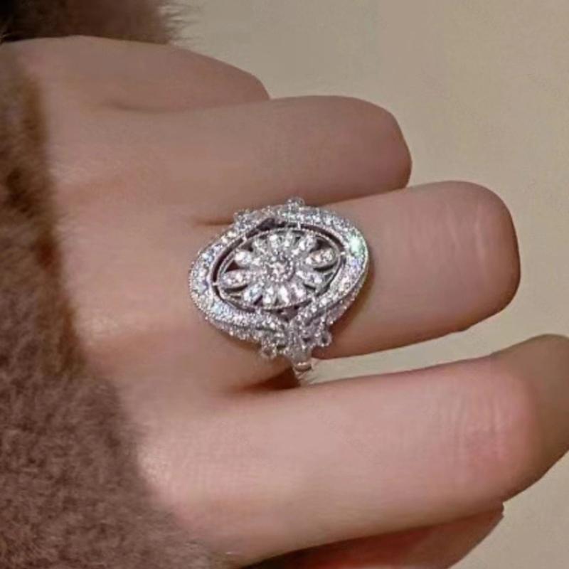 6-10 Size Luxurious Sparkling Inlaid Zircon Flower Oval Ring, Women's Able Wedding Banquet Accessories Jewelry