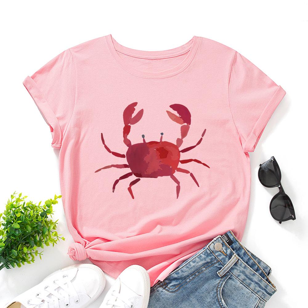 Fashion Women's Clothing Cute Crab Print Loose Crew Neck Short Sleeves T-Shirts Women’s