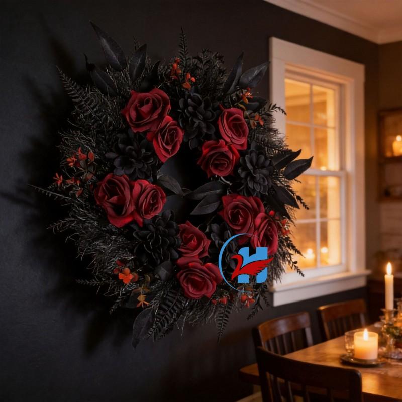 Halloween Wreath Decor Front Door Hallway Plastic Ghost House Theme Party Decoration With LED Lights