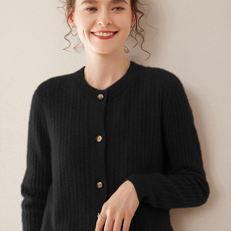 Women's Cashmere Round Neck Cable Knit Button-Up Cardigan - Autumn/Winter 2025 Korean Loose Slimming Style