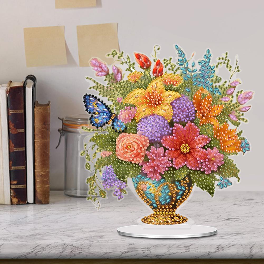 Acrylic Rose Lily Butterfly Flower Vase Desktop Diamond Art Kits 5D DIY Diamond Art Tabletop Decorations for Home Office Decor