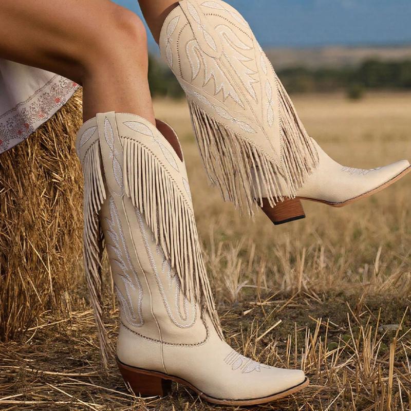 Fashionable Casual Western Boots For Women Tassels Embroidered Block Heel Boots High Heels Slip-On Vintage Women's Boots