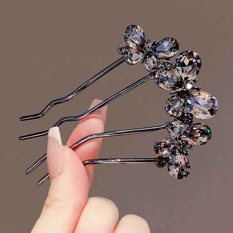 Pente de Cabelo Borboleta de Strass de Luxo para Mulheres Vintage Elegante Metal em Forma de U Flor Grampo de Cabelo Pentes Acessórios de Cabelo Coque