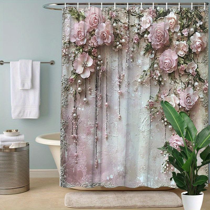 1pz Tenda da Doccia Rosa Antica - Perline Delicate e Foglie Verdi, Poliestere Beige Texturizzato, Lavabile, Elegante Decorazione per Bagno