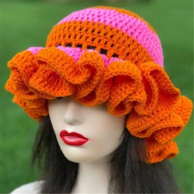 Handcrochet Bucket Hat for Women with Patchwork Ruffle Trim Elegant Fisherman Hat Photography Travel Floppy Bucket Hat