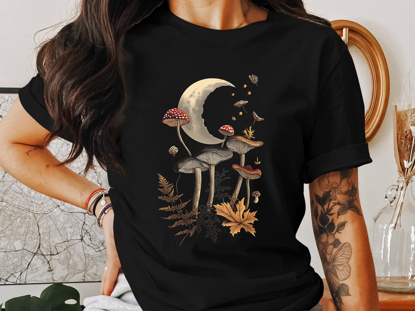 Moonlit Mushrooms T-Shirt, Cottagecore Aesthetic Tee, Wild Mushroom Graphic Shirt, Nature Inspired Apparel, Botanic Illustration Top 2XL