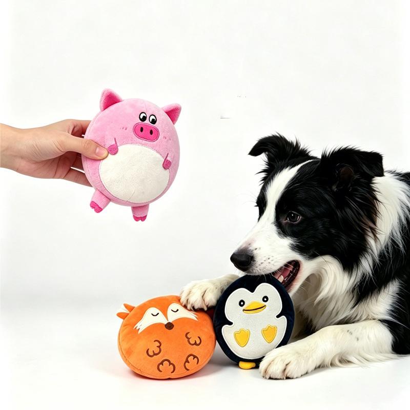 Cute Cartoon Plush Dog Flying Disc Squeaky Chew Toy Soft Safe Teething Outdoor Training Interactive Toy for Small Medium Dogs