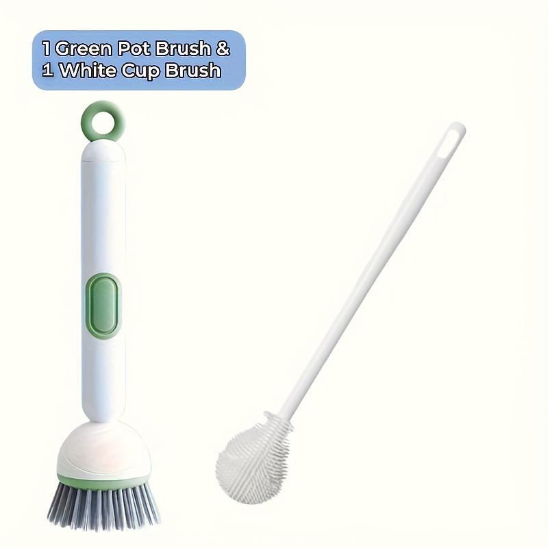 2pcs Heavy-Duty Dish Cleaning Brush Set with Detergent Dispenser - Rotating Scrubber & 2 Long Reach 90° Cup Brushe
