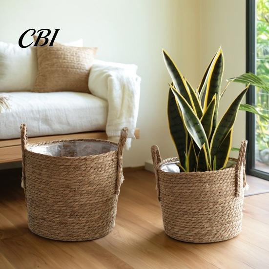 Garden Plant Display Baskets Woven Seagrass Pot with Handle, Built-in Plastic Film Lining Sustainable Straw Planters Storage Basket, Natural