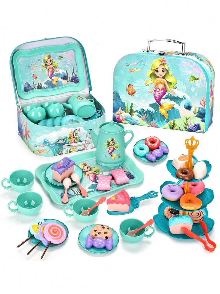 Girls Afternoon Tea Set , Mermaid Princess Afternoon Tea Toy, Tea Party Dress Up Toys, Simulated Dessert Cake Portable Gift Box