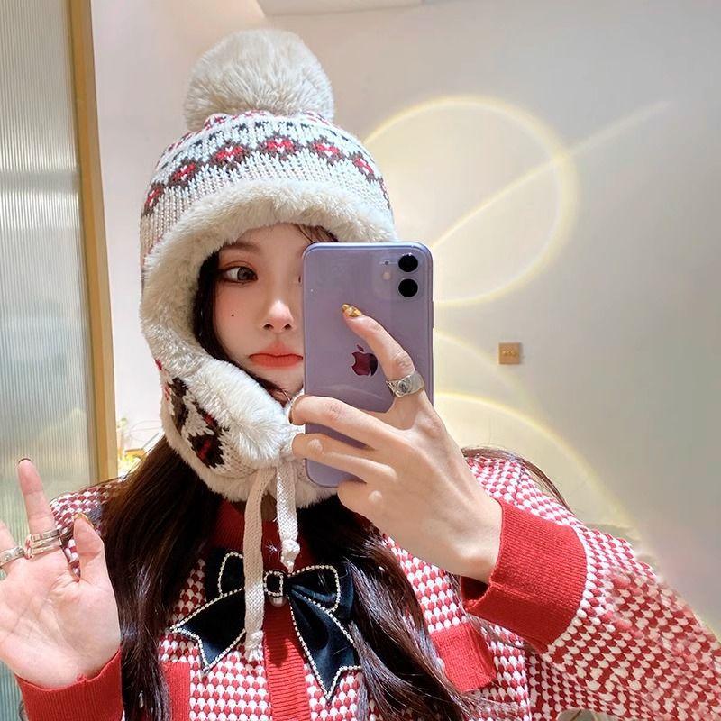 Cute Plush Hat Women's Winter Plush Knitted Wool Hat, Ear Protector, Warm, Fluffy Northeast Cold-proof Lei Feng Hat