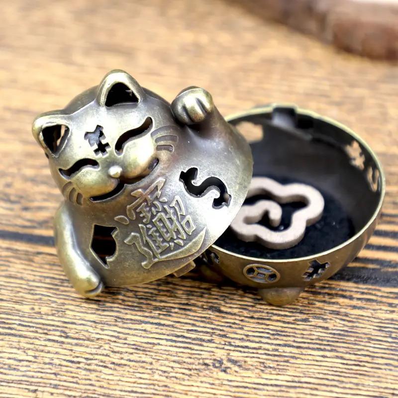 Lucky Wealth Cat Incense Burner Golden Feng Shui Good Luck Home/Office Decor With Prosperity Symbols Meditation Accessory