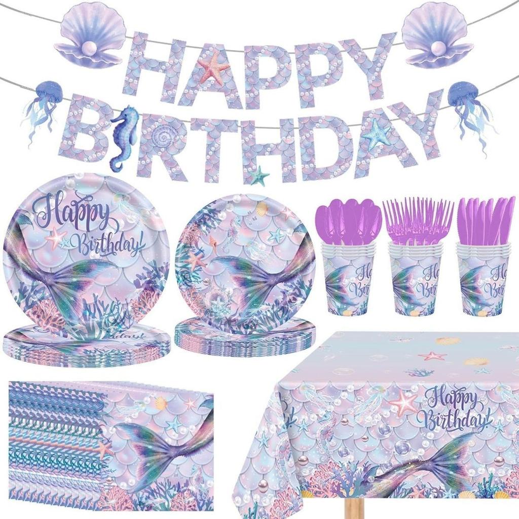 Purple Fish-Scale Mermaid-Themed Party Decoration Set: Disposable Mermaid-Tail Tablecloths, Paper Cups, Napkins, and Plates for Girls' Birthdays