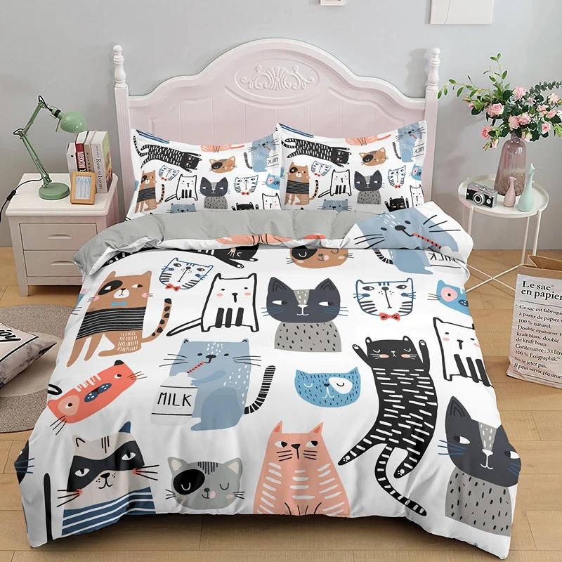 Cat Duvet Cover Set Digital Different Color Cartoon Cute Cat Bedding Set Bedclothes Double Queen King Size Polyester Qulit Cover