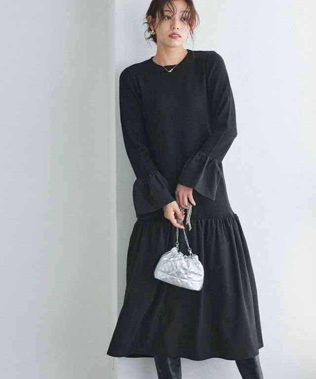 Pierrot Knit Rayon Flared Size Black Mixed-Material Dress, Blend, Gathered, Silhouette, Women's, M,