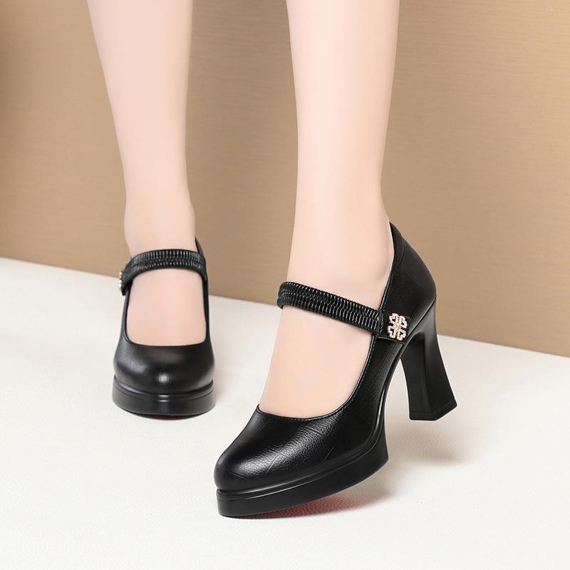 Cheongsam show high heels black model catwalk show thick heel waterproof table one-word buckle shallow mouth women's shoes