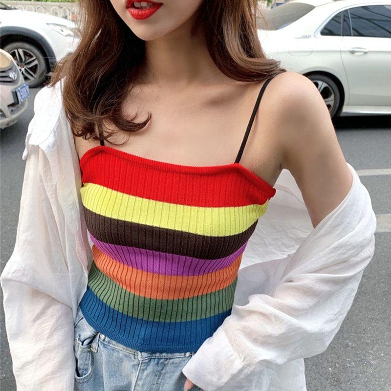 Colorful Striped Small Camisole Women's Summer Outerwear Vest American Trend Short  Knitted Lady Top