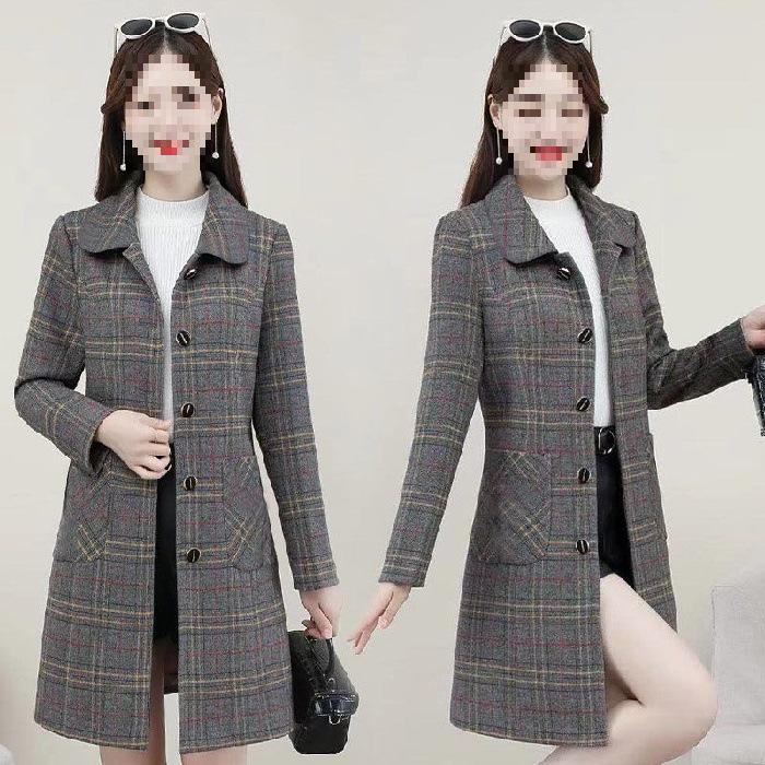 Plus Size Plaid Wool Coat for Middle-Aged Women - Stylish Autumn & Spring Wear L серый
