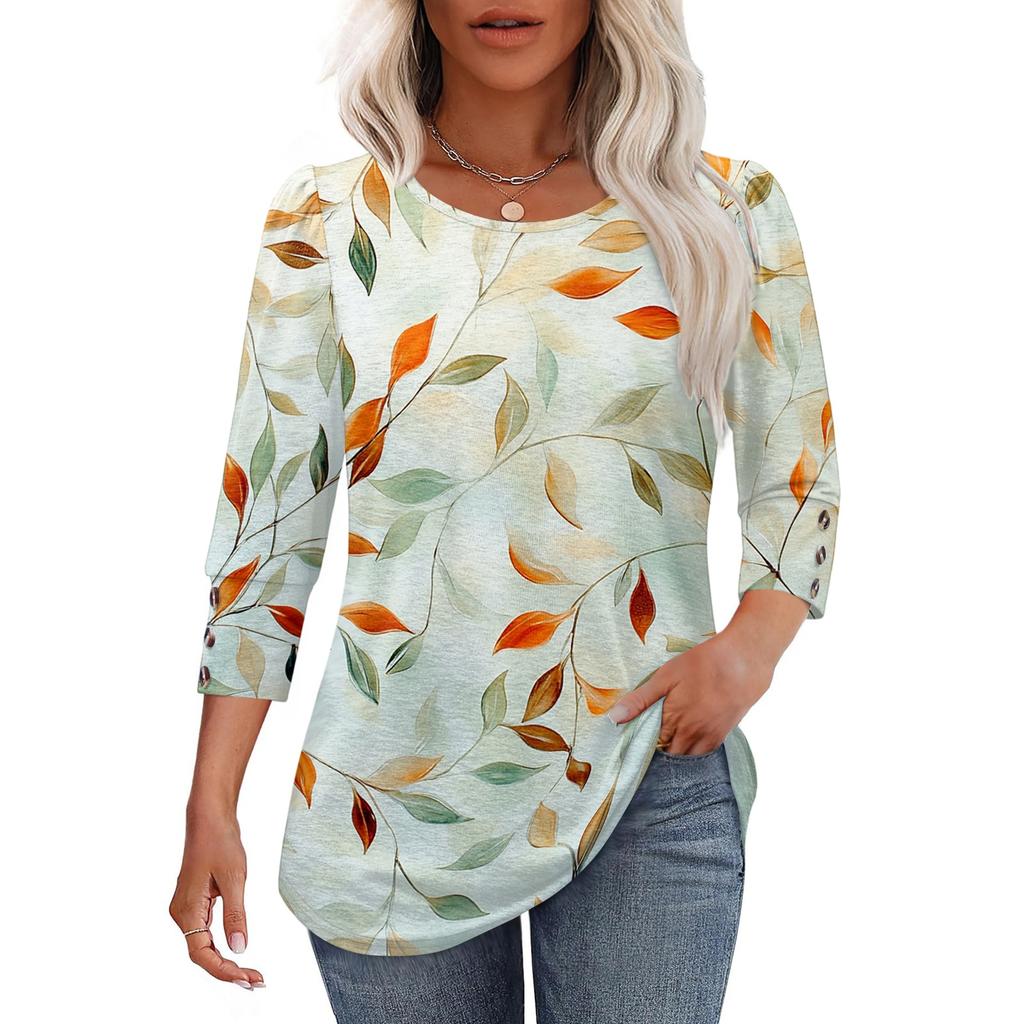 Women's Casual Round Neck Loose Three-Quarter Sleeve Top Blouse