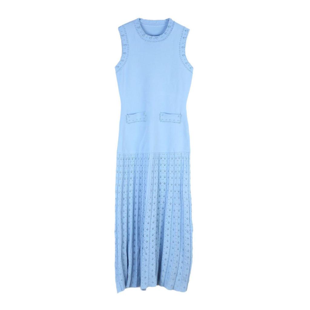 Elegant French Knitted Dress: Sleeveless, Beaded, Hollow-out Design, Slim Fit, Round Neck - Perfect for Spring/Summer
