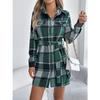 HNXC Autumn and Winter Casual Checkered Fake Pocket Long-sleeved Lace-up Woolen Shirt Dress for Women Dress