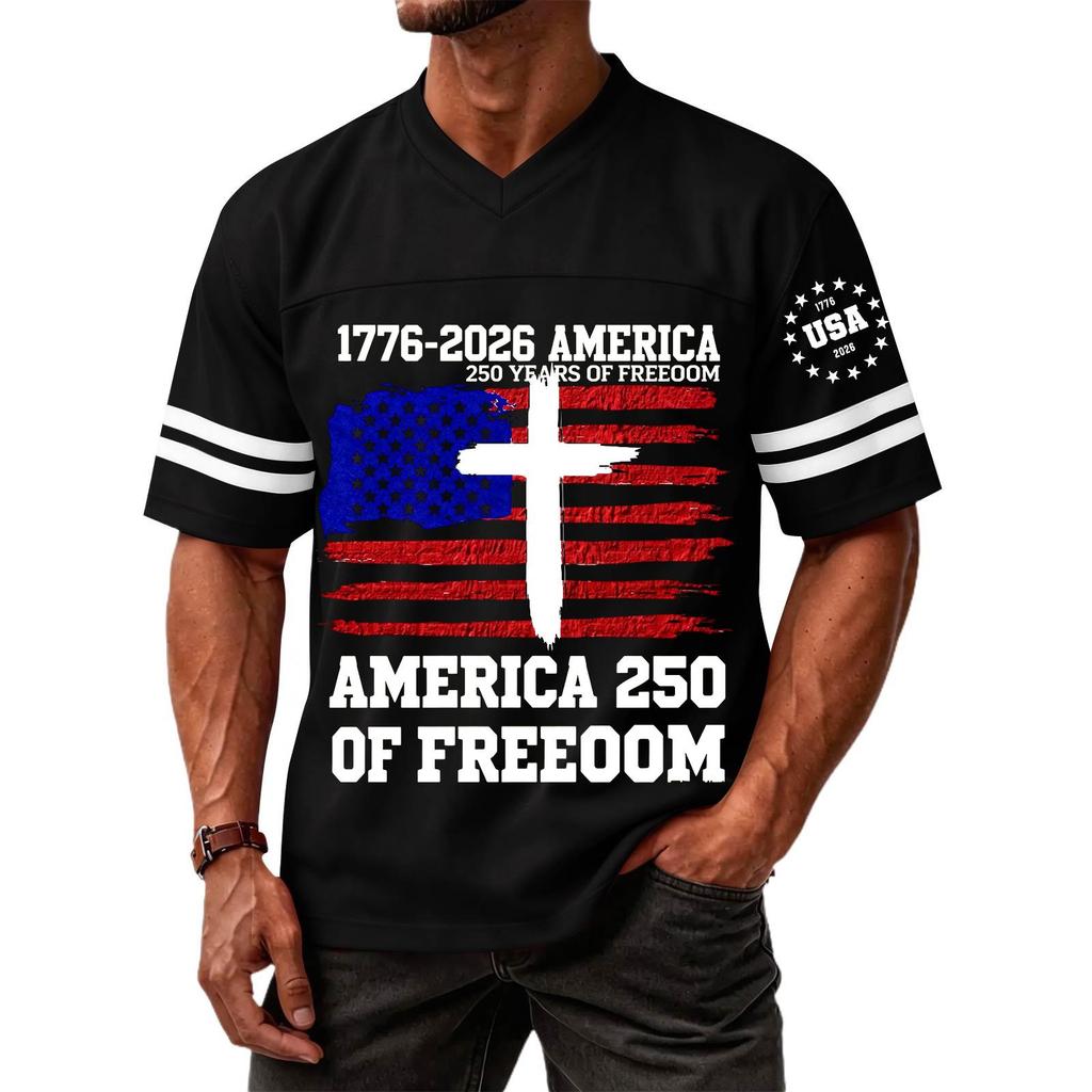 Men's V Neck Short Sleeve Sports T Shirt Casual Athletic Jersey with Independence Day Patriotic Print America 250 Freedom Graphic Tee