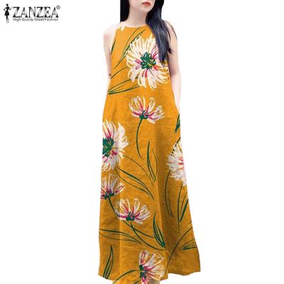 Women Casual O-neck Floral Print Off Shoulder Sleeveless Dress