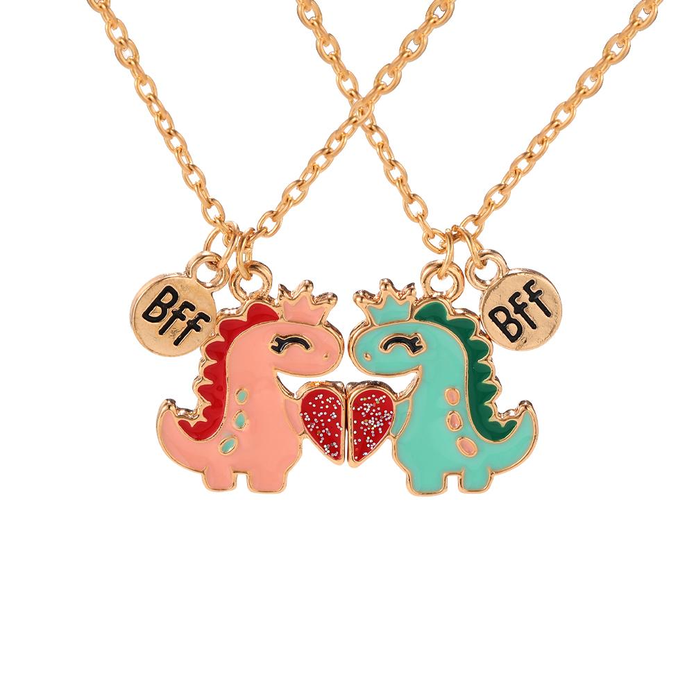 

2Pcs/Set BFF Charms Pink Blue Cartoon Dinosaur Heart Design Necklace Cute Lovers Couple Valentine s Day Jewelry Gift 45cm